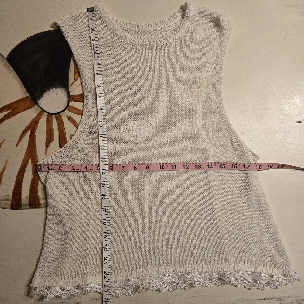 Beige Lace Trim Dropped Arm Hole Sleeveless Sweater - Picture 8 of 8